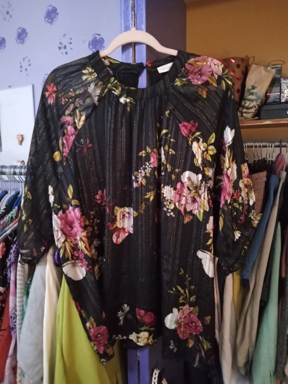 Retrology Floral Metallic Stripe Black Blouse - Womens Top